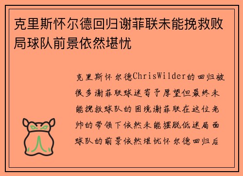 克里斯怀尔德回归谢菲联未能挽救败局球队前景依然堪忧