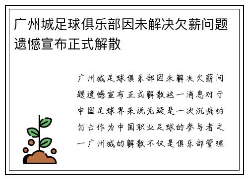 广州城足球俱乐部因未解决欠薪问题遗憾宣布正式解散 广州城足球俱乐部因未解决欠薪问题遗憾宣布正式解散