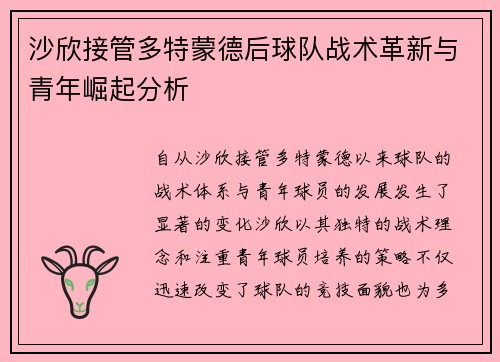 沙欣接管多特蒙德后球队战术革新与青年崛起分析