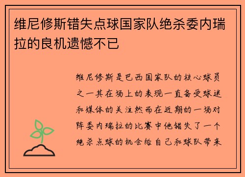 维尼修斯错失点球国家队绝杀委内瑞拉的良机遗憾不已 维尼修斯错失点球国家队绝杀委内瑞拉的良机遗憾不已