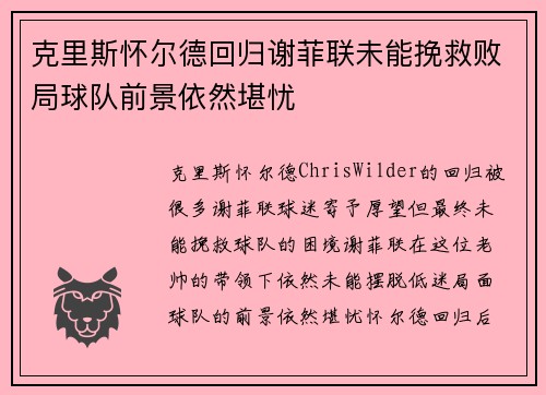 克里斯怀尔德回归谢菲联未能挽救败局球队前景依然堪忧 克里斯怀尔德回归谢菲联未能挽救败局球队前景依然堪忧