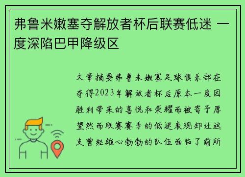 弗鲁米嫩塞夺解放者杯后联赛低迷 一度深陷巴甲降级区